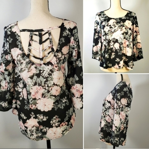 Lily White Black Pink Floral Strappy Criss Cross Back Bell Sleeve Blouse Top XS - Picture 3 of 8